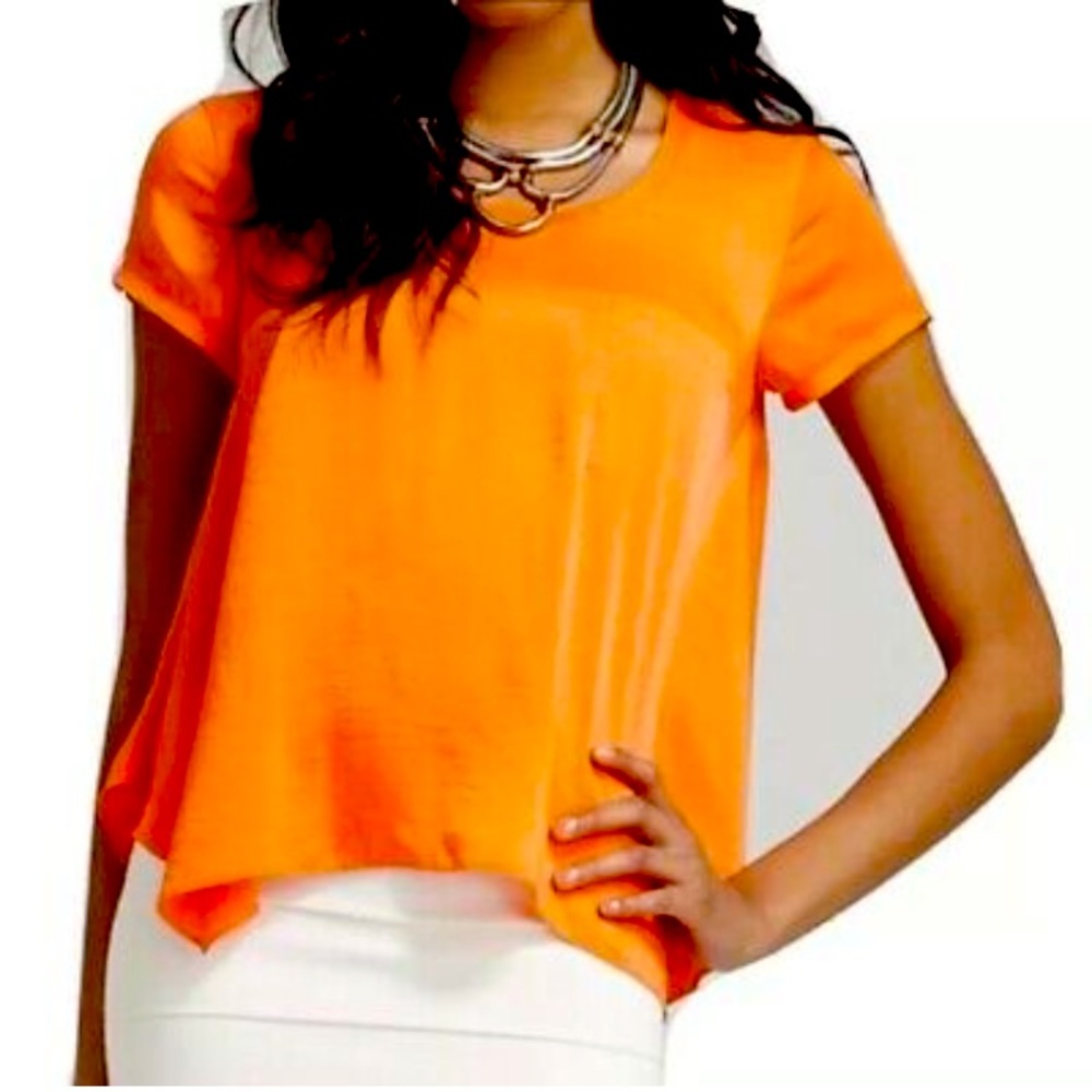 BCBGMaxAzria  Kelsey Orange Silk Satin  Short Sleeve Shirt